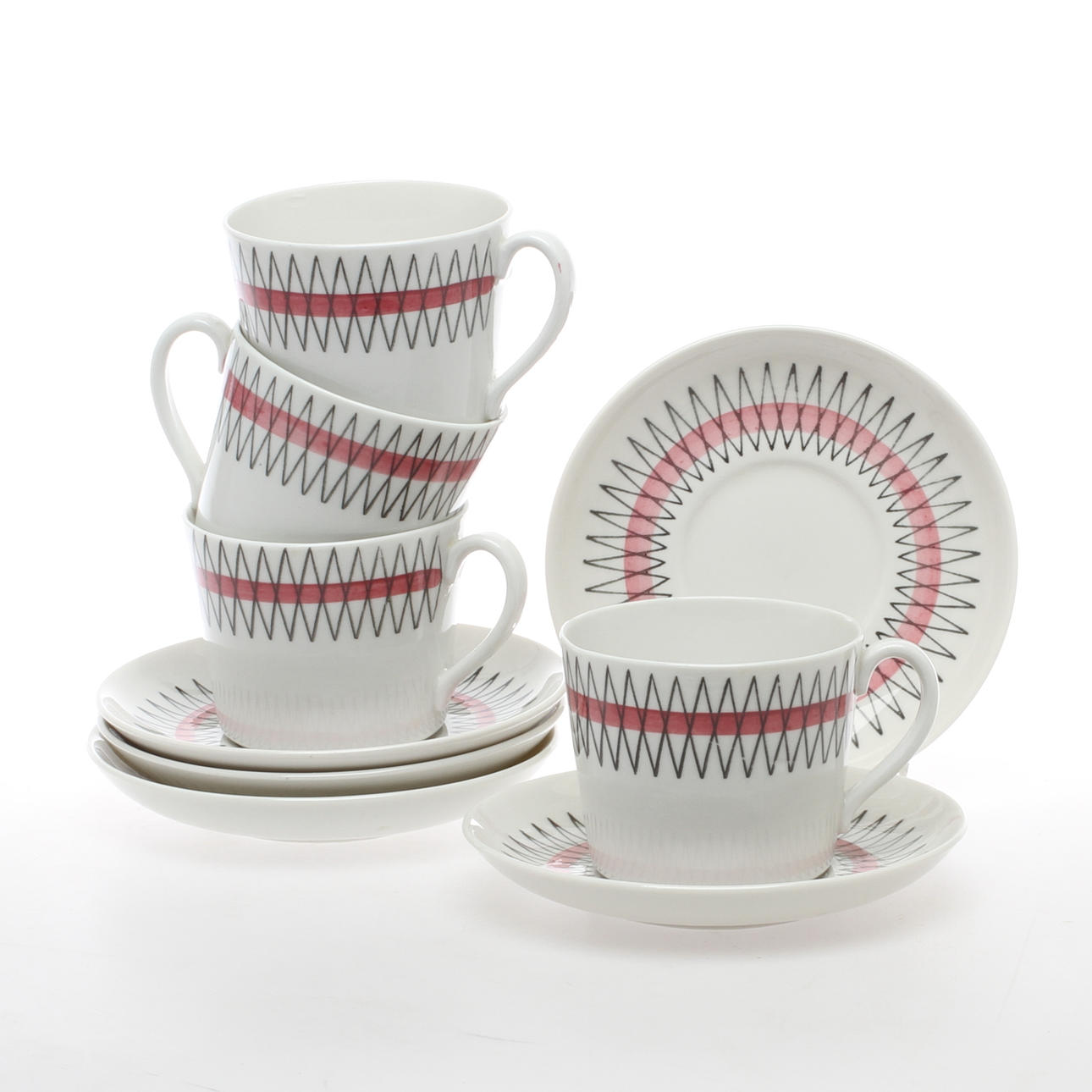 TEKOPPAR MED FAT, 4 st, porslin, "Terrass", Upsala-Ekeby, 1900-tal.