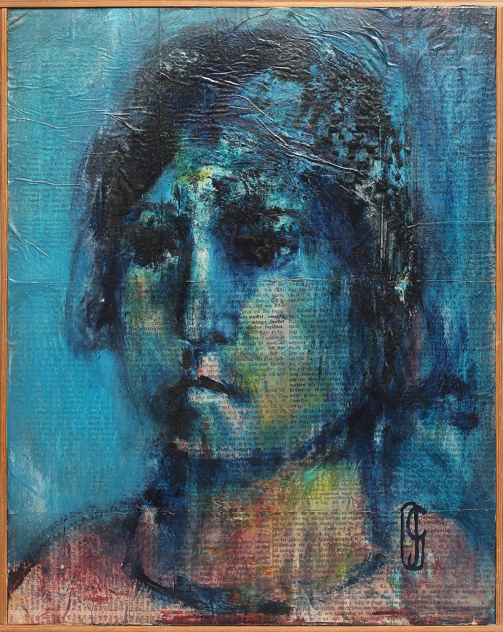 OLLE GUSTAFSSON. Kvinnoporträtt, blandteknik på spånskiva, signerad.