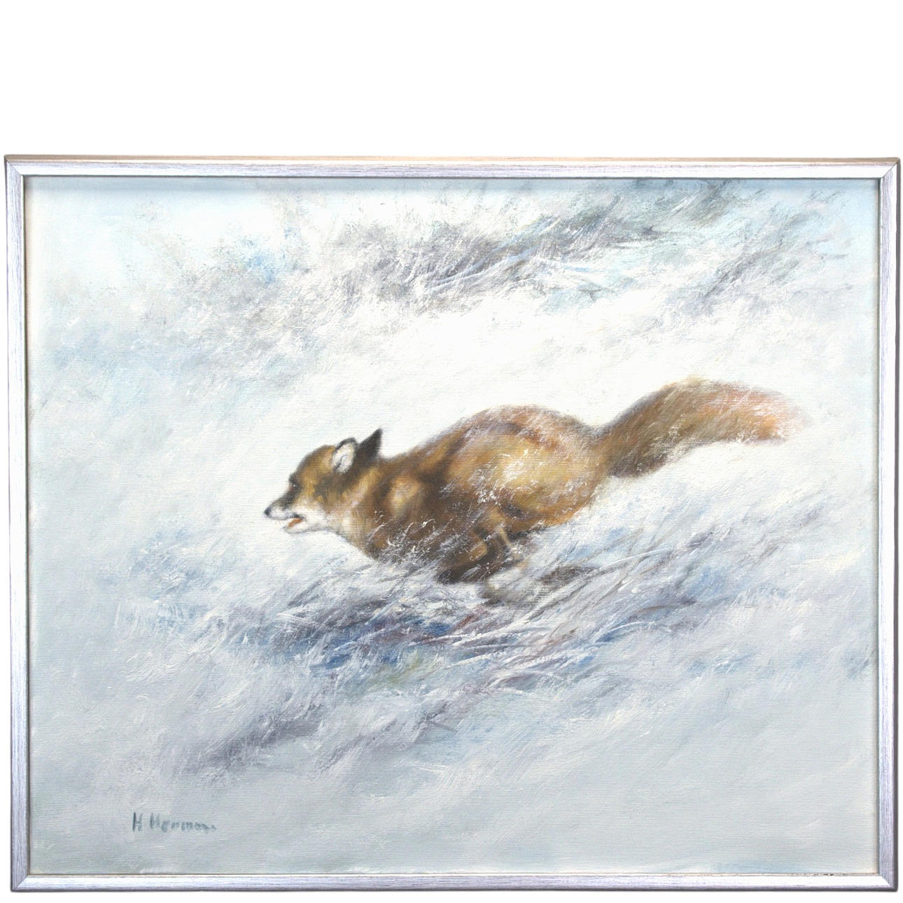 HEINZ HERMAN. Oil on canvas, running fox, signed.