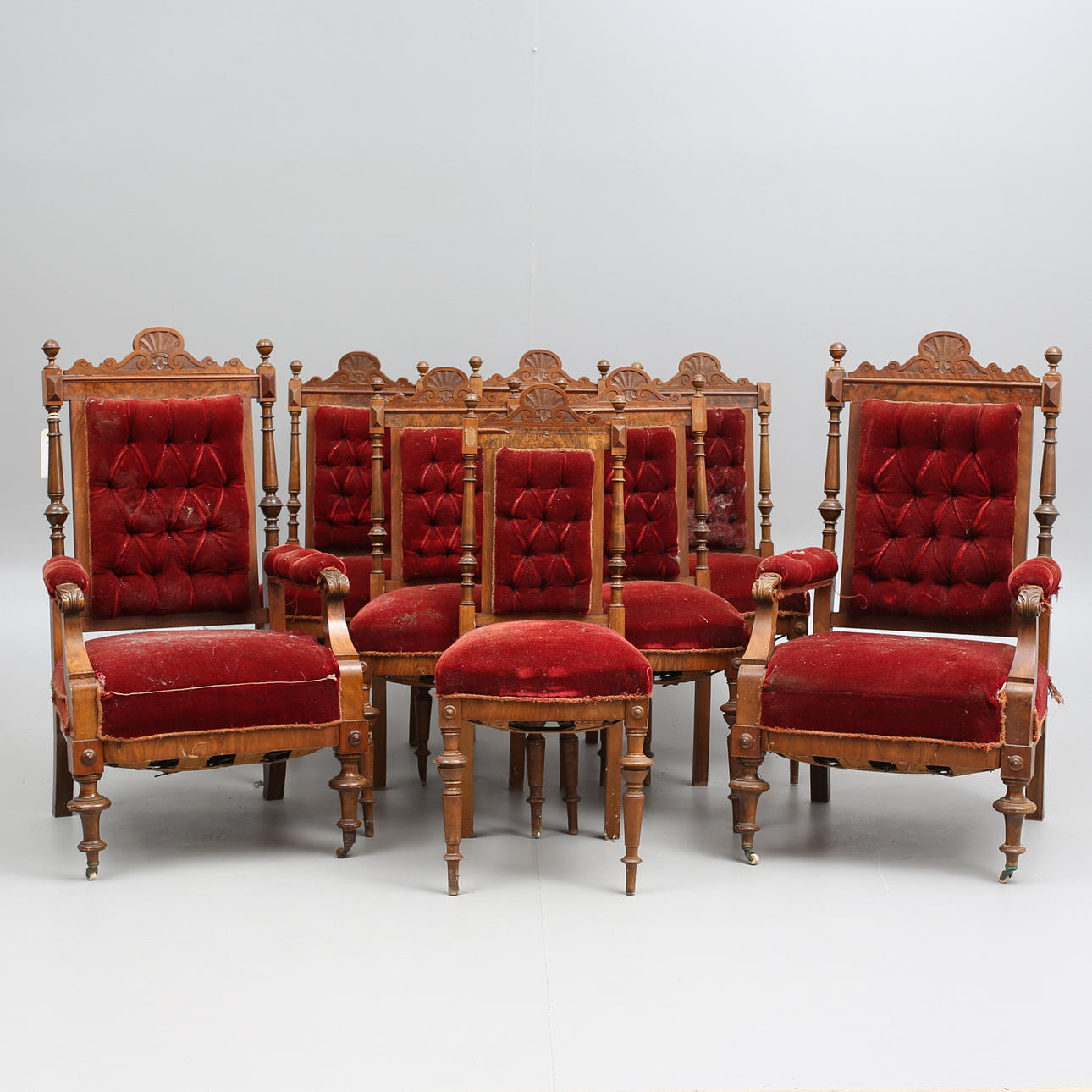 FÅTÖLJER, ett par, samt STOLAR 6 st, nyrenässans, sent 1800-tal.