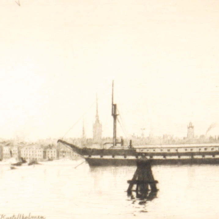 LOUIS SPARRE. Torrnålsgravyr, "Stockholm från Kastellholmen", signerad samt daterad 1927.