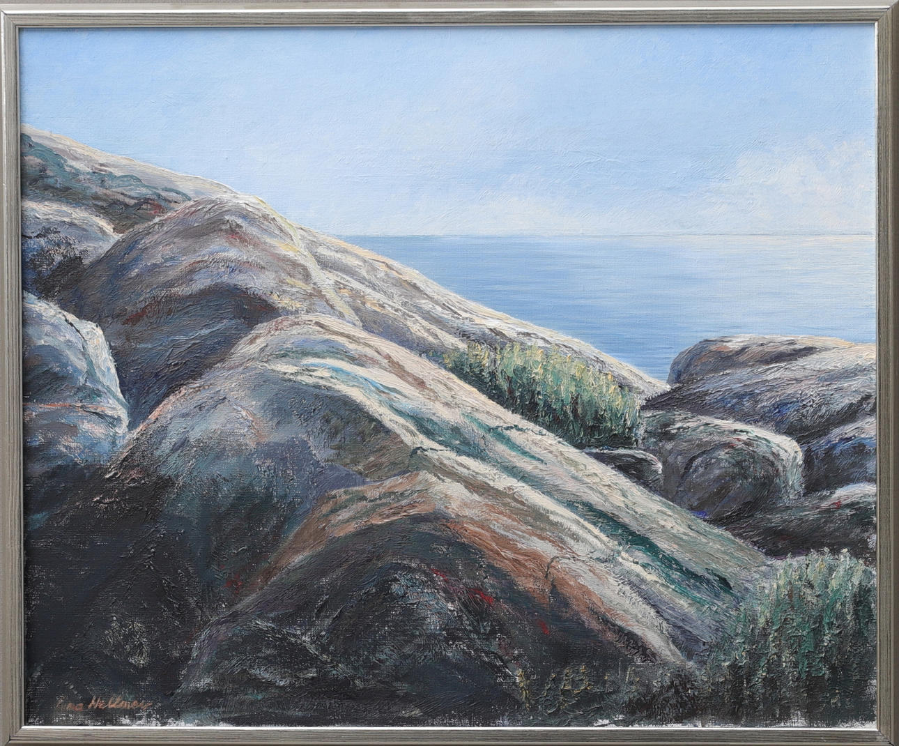 EVA HELLMER. “Sunlit cliff”, oil on canvas, signed.