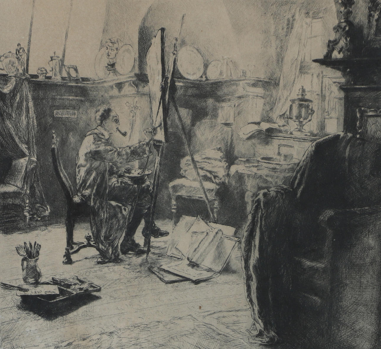 ANDERS HELLER. "En målare", etsning, signerad.