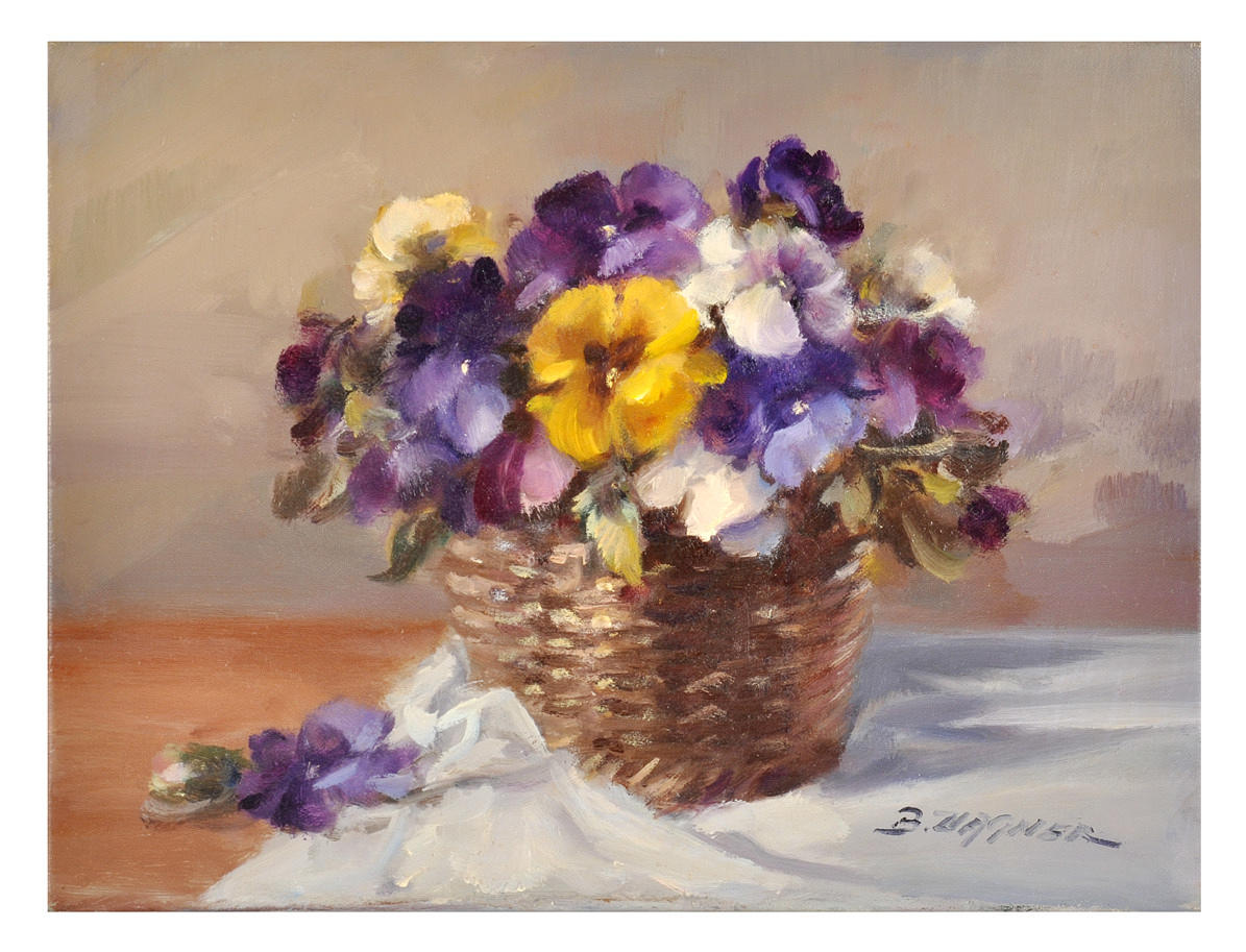 BUNTE VEILCHEN. Bukett blommor i en flätad korg.