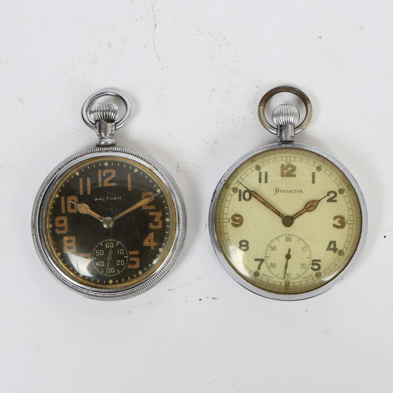 TWO MILITARY CHROME CASED POCKET WATCHES (2).