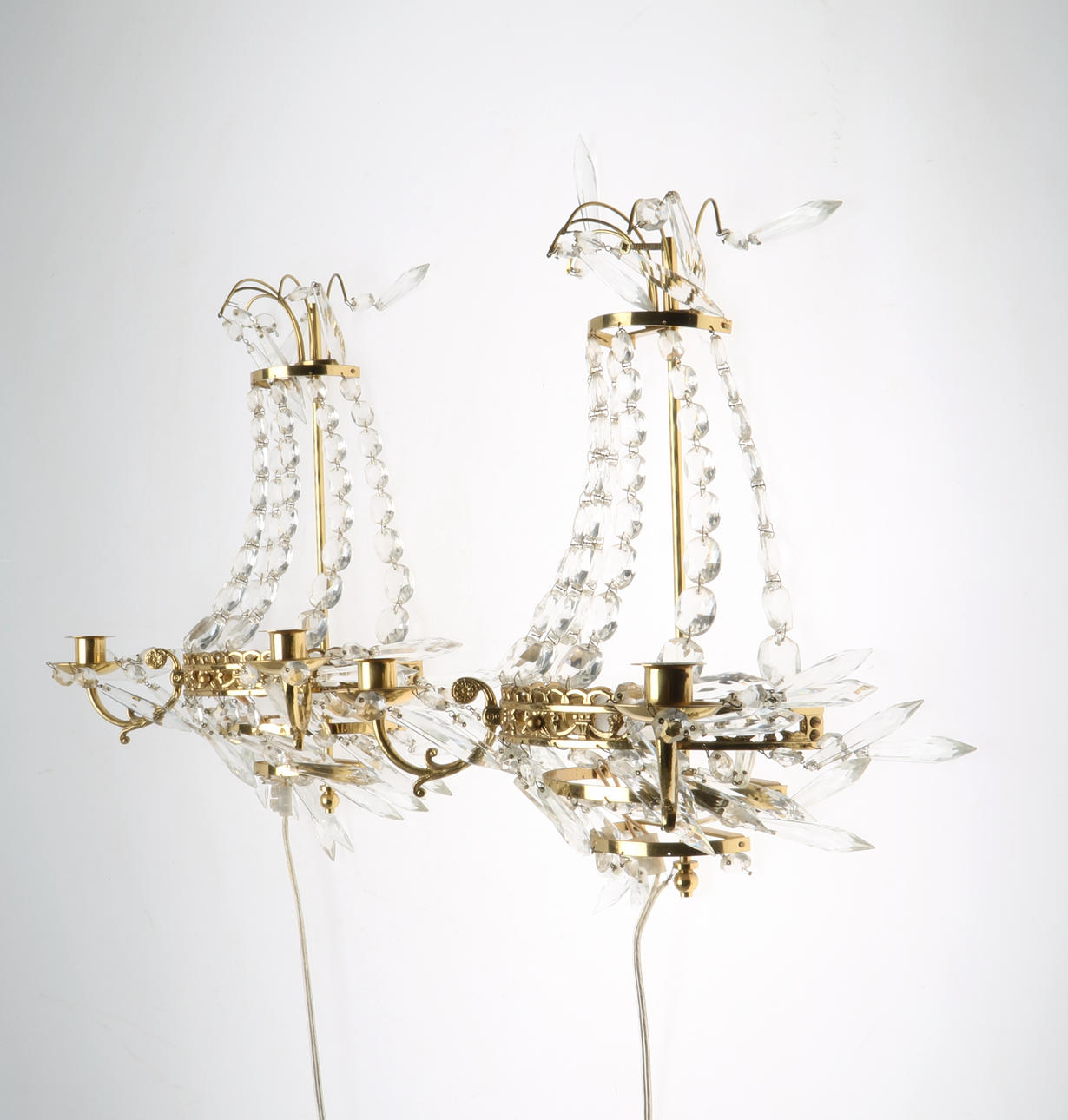 WALL LIGHTS, Empire style, brass, with prisms. electrified, connected ...