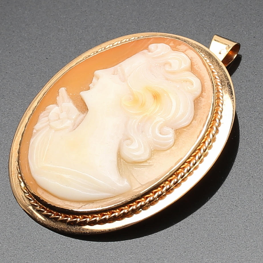 HÄNGE/BROSCH i 18 K rödguld med snäckskalscamé. Vikt 8,21 g.