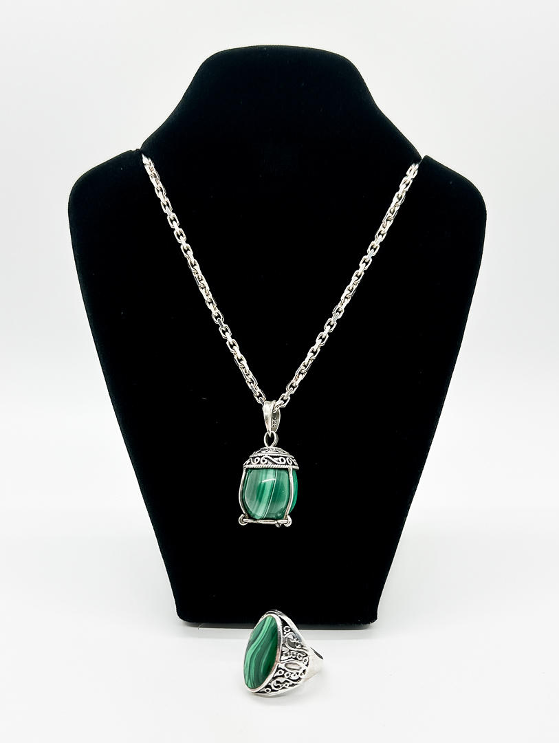 NECKLACE & Ring, sterling silver, malachite.