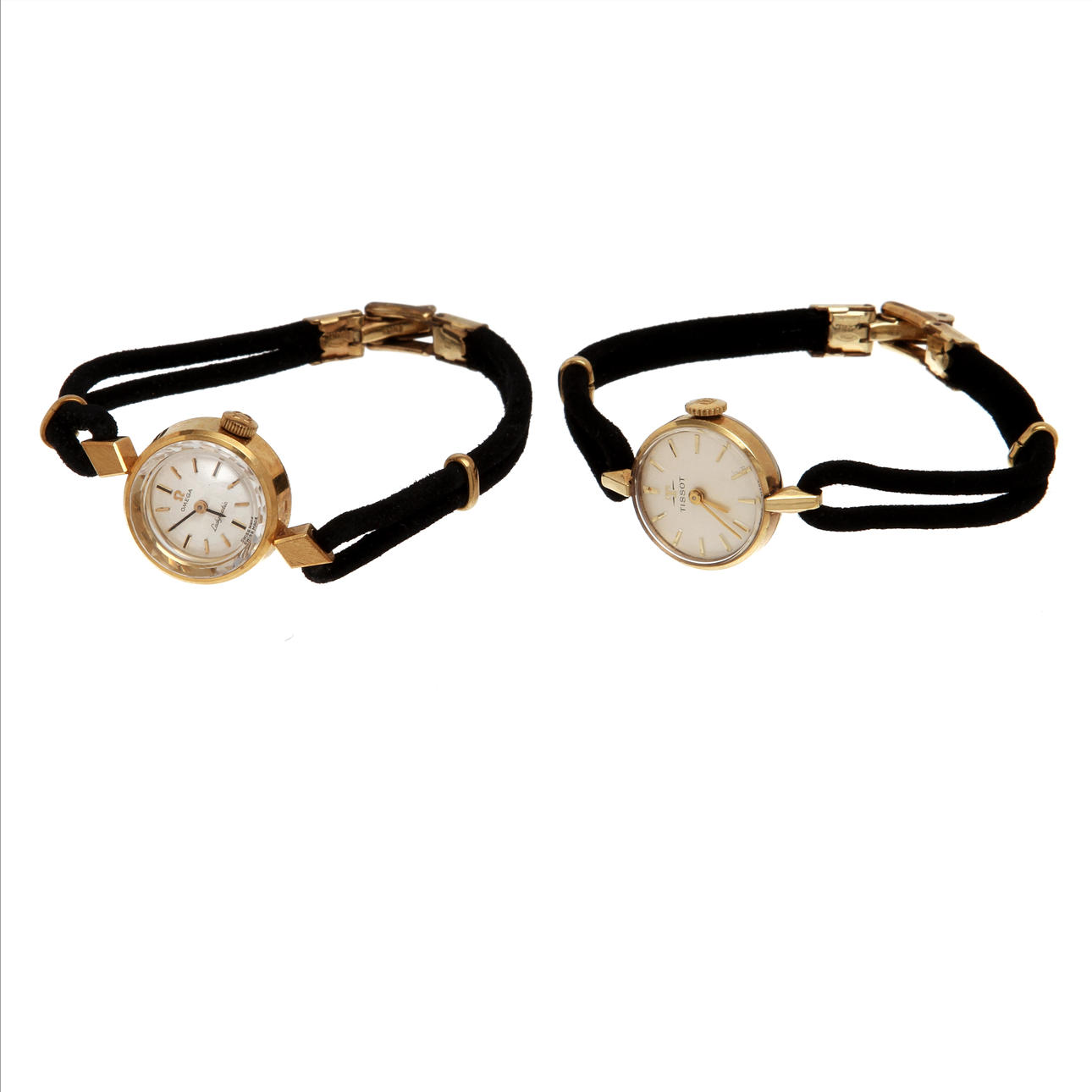 DAMARMBANDSUR, 2 st, Tissot samt Omega, guld på stål.