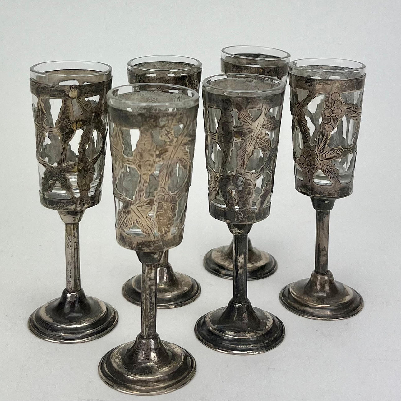 TEQUILAGLAS, 6 st, silver och glas, Mexico.