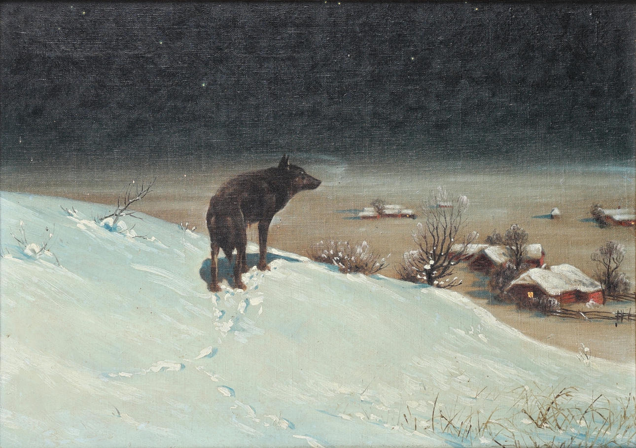 BACKGAMMON. Oil on canvas, wolf in winter landscape, unknown artist.