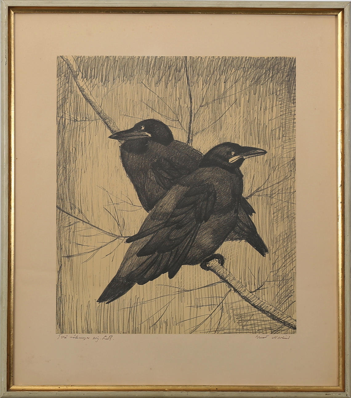 ERNST NORLIND. "Två råkungar", kolteckning, signerad.