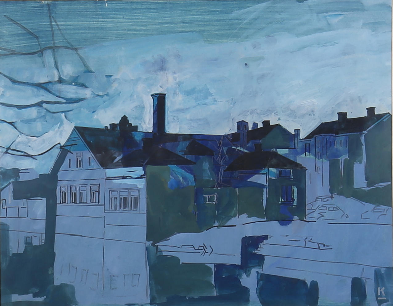 OIDENTIFIERAD KONSTNÄR. Stad i blå toner, bladnteknik, signerad K.