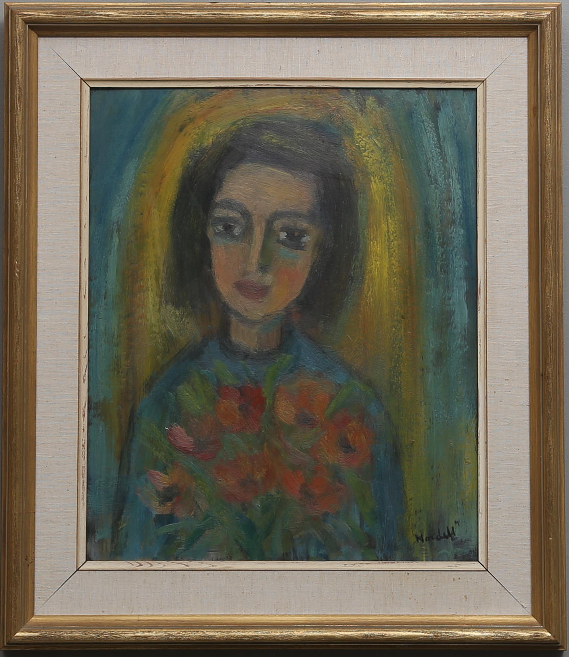 ESKIL NORDEL. "Flicka med blommor" Olja på pannå. Signerad.