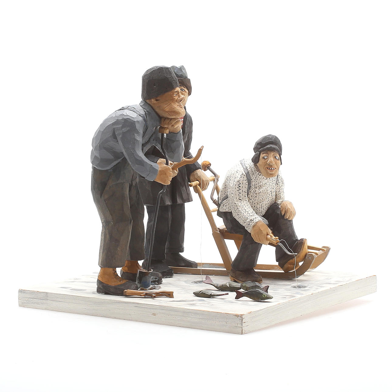 SKULPTUR, Bertil Juhlin, "Sportfiskare" (isfiskare), trä/metall, signerad B. Juhlin (BOJ).