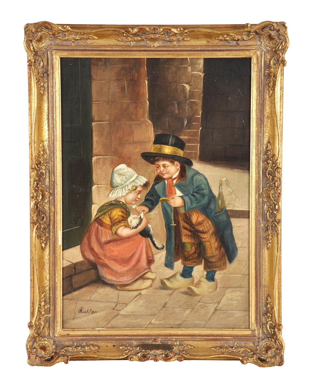 GENREGEMÄLDE. Djurläkaren. Pojke och flicka som räddar katter.