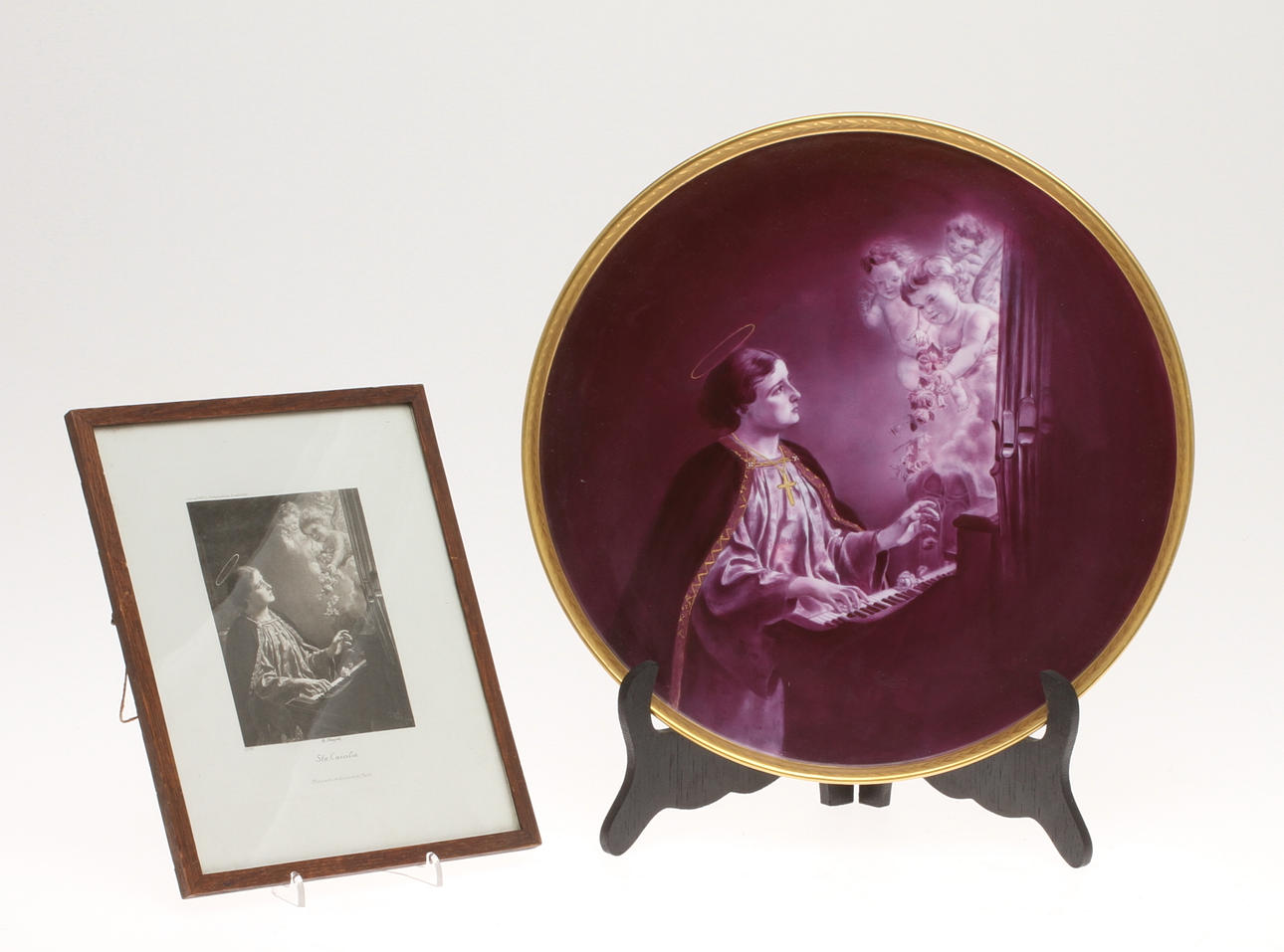 VÄGGTALLRIK samt TAVLA, motiv av St Cecilia.