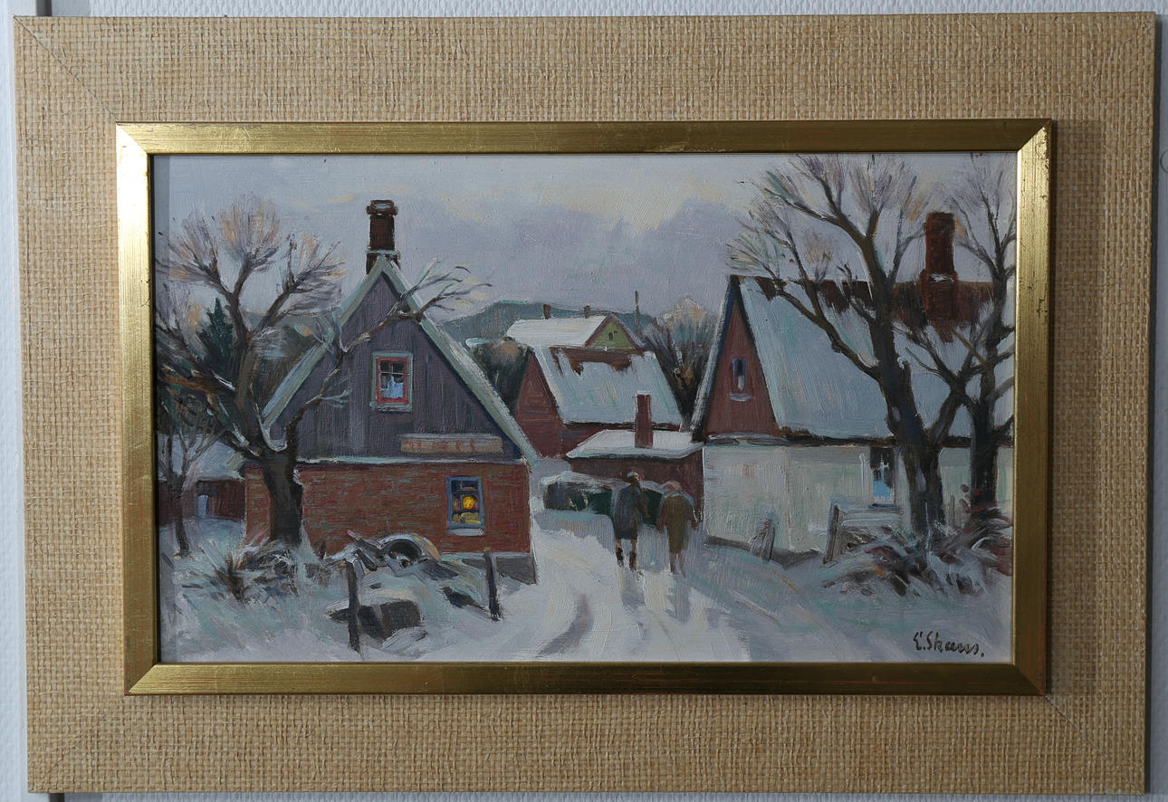 ESKIL SKANS. Olja på pannå, Vinter i byn, signerad E Skans.