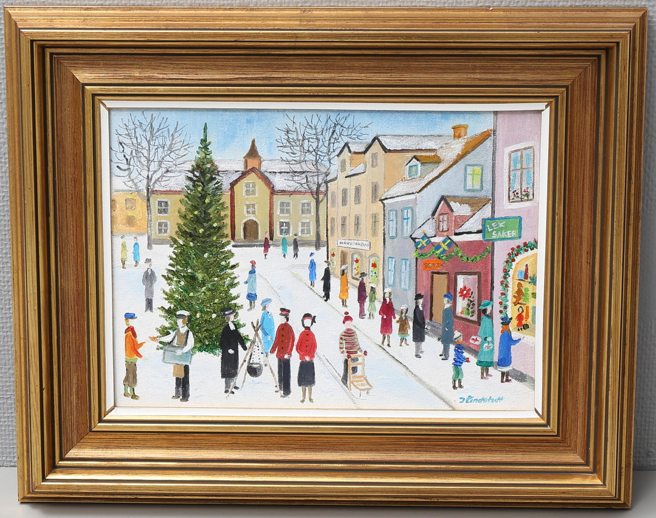 INGE LINDSTEDT. "Julskyltning". Olja på pannå, signerad.