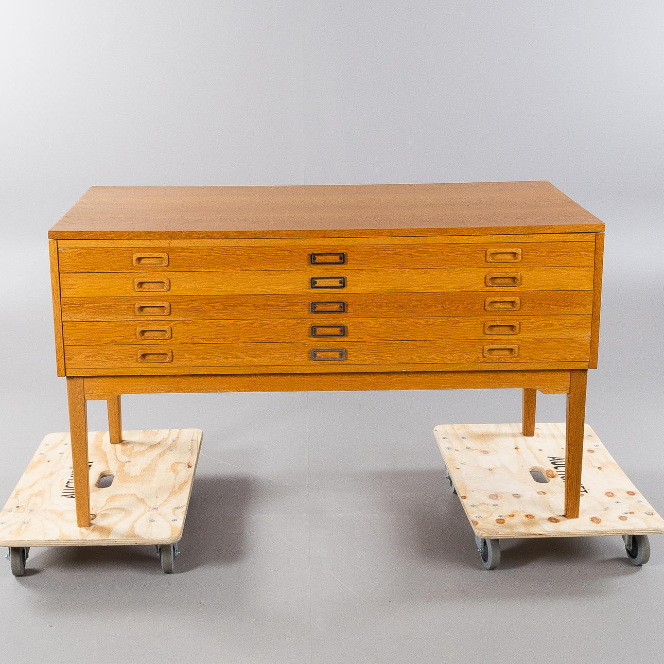 A filing cabinet, veneered in oak, 20th century, second half.