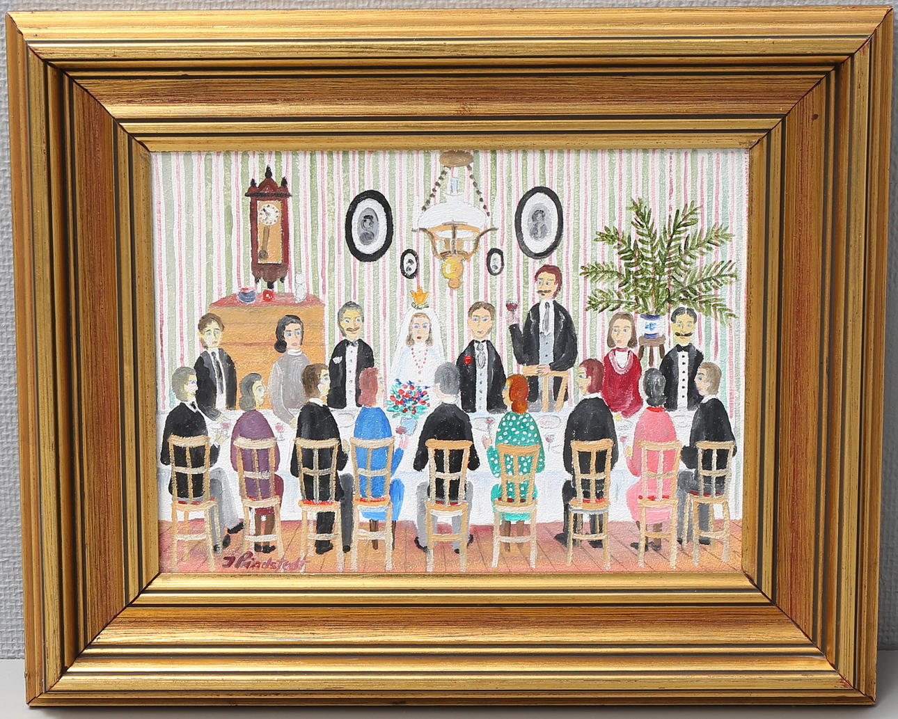 INGE LINDSTEDT. "Bröllopsmiddag". Olja på pannå, signerad.