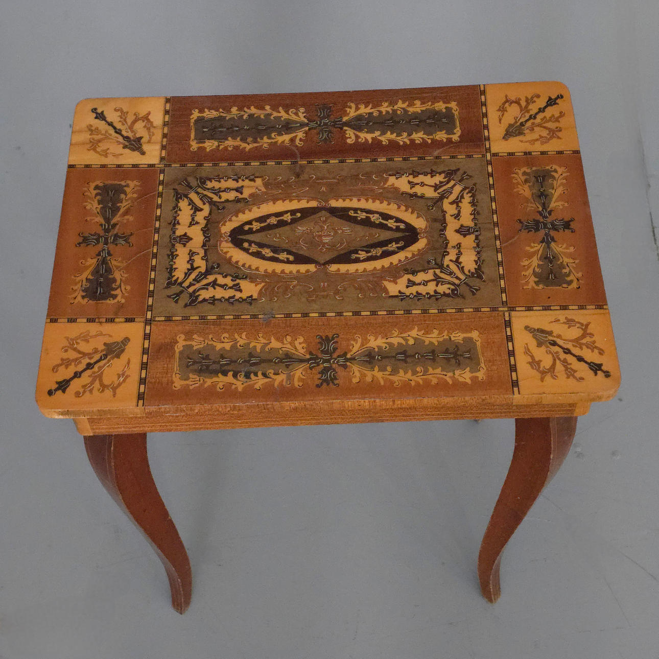 SEWING TABLE WITH MARQUETRY ENVELOPE AND MUSIC BOX.