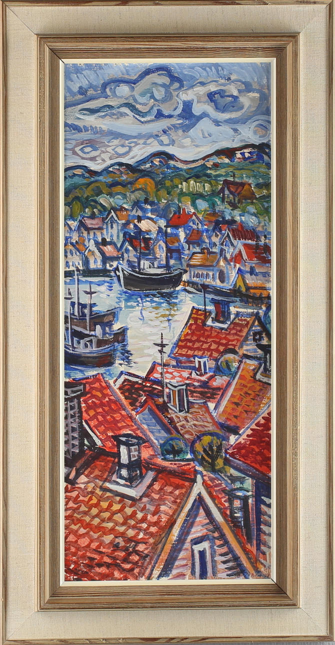 SVEN OLOW OLSSON. "Skudenes Havn", olja på pannå, signerad samt daterad -67.