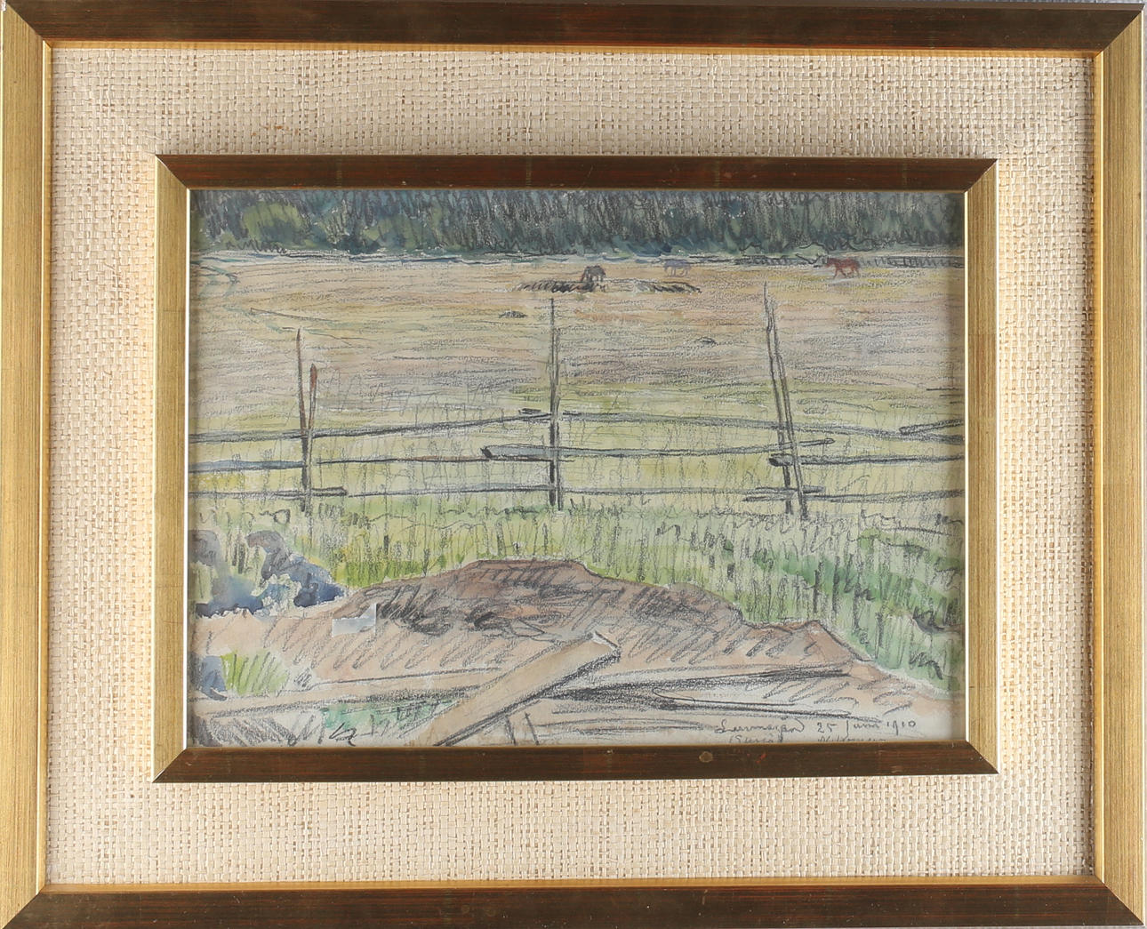 NILS KREUGER. Gärdesgård med utsikt över hästhage,blandteknik, signerad och daterad 25 juni 1910.