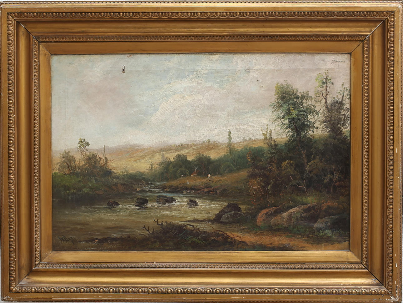 OIDENTIFIERAD KONSTNÄR. Landskap vid flod. Olja på duk, otydligt signerad, 1800-tal.