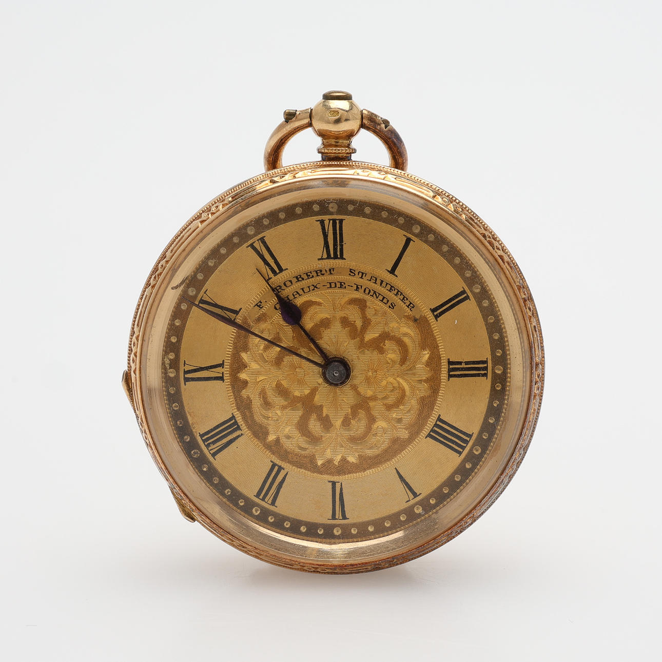 A pocket watch by F. ROBERT STAUFFER, 18k gold, cylinder work with key assignments, second half of the 19th century, 35,3 g.