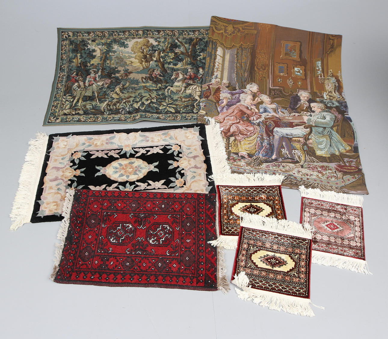 PARTI ORIENTMATTOR SAMT VÄVNADER, total 7 delar, 1900-tal.