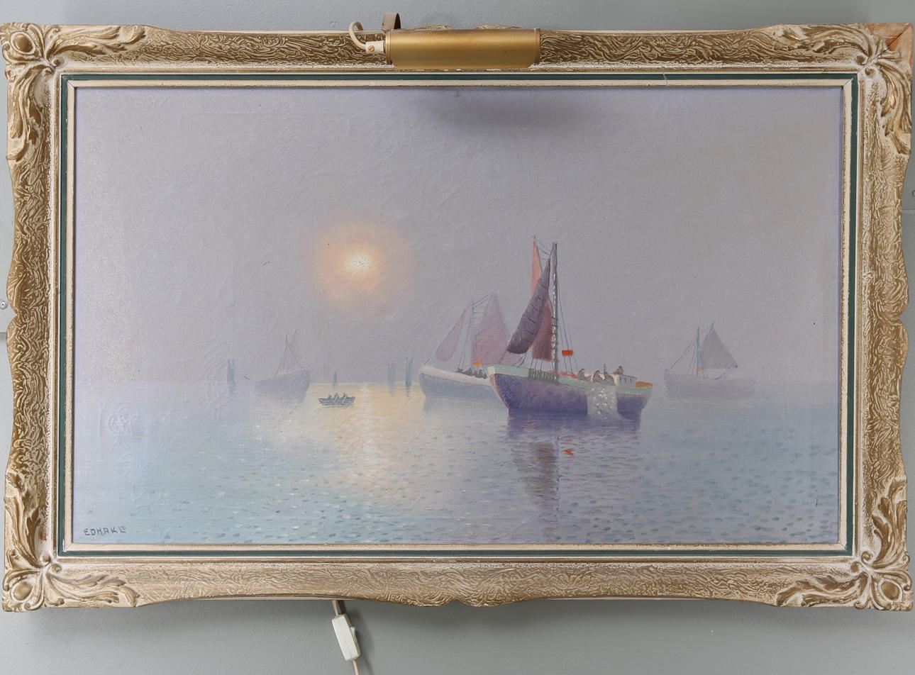 CHARLES FOLKE EDHAKE. Fiskebåtar i soldis, olja på duk, signerad.