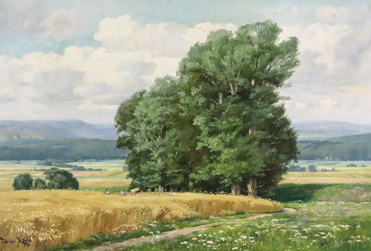 KOPP, WALTER. - Summer field landscape with haymaking, oil on canvas.