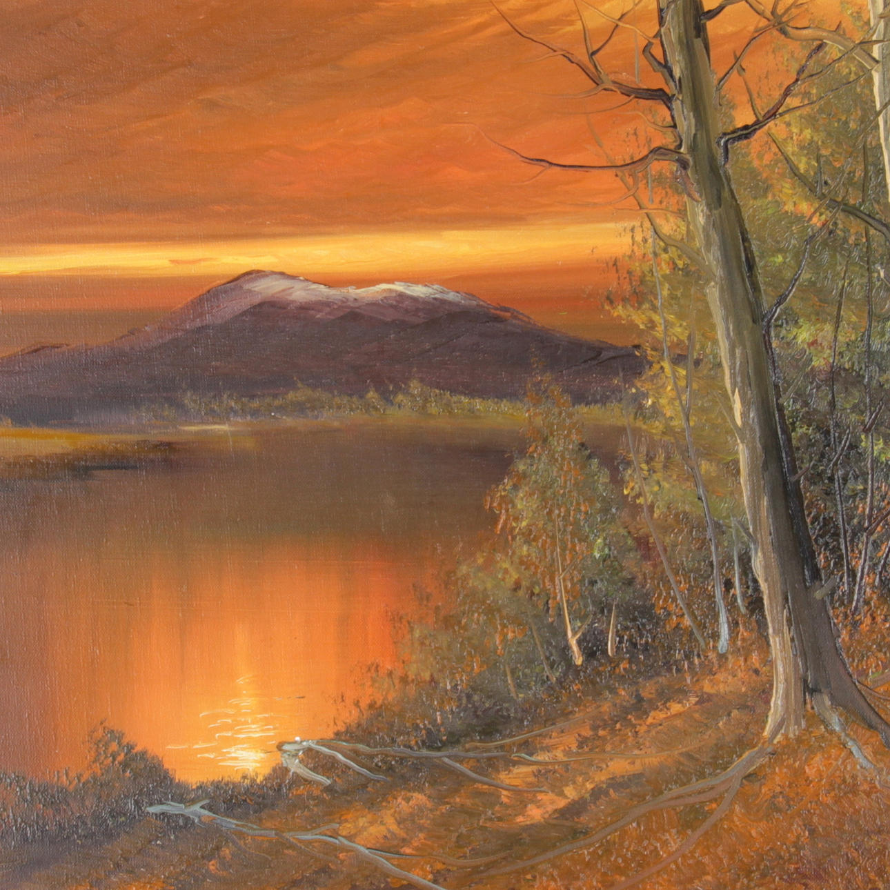 ERKKI J MINKKINEN. Olja på duk, solnedgång vid sjö, signerad.