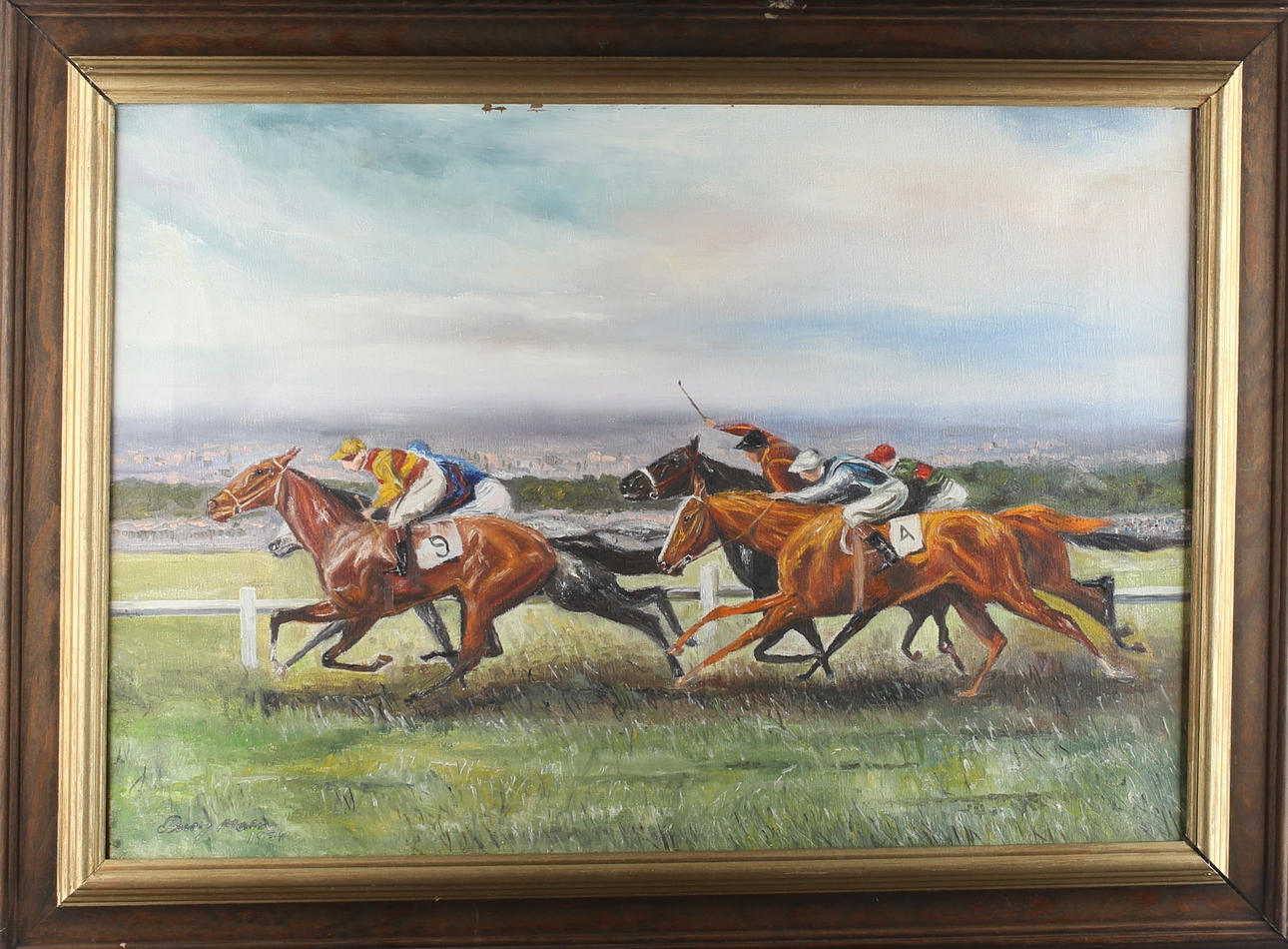 OIDENTIFIERAD KONSTNÄR. Jockeys, olja på duk, signerad Percy samt daterad 1979.