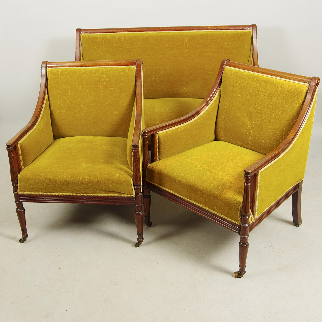 SOFFA SAMT FÅTÖLJER, mahogny/plysch, empirestil, 1900-tal.