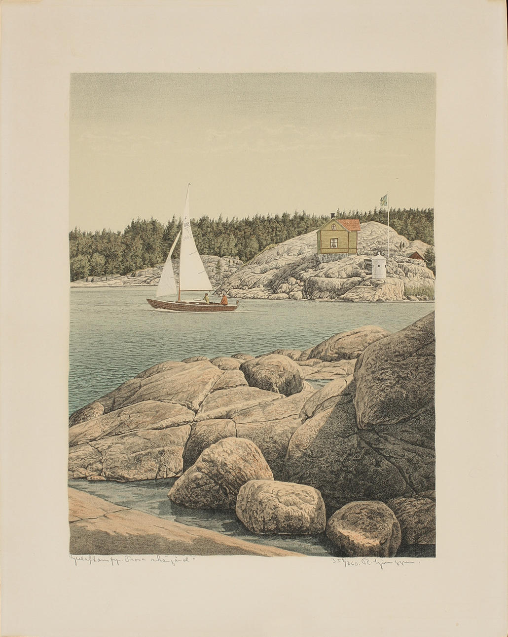 REINHOLD LJUNGGREN. färglitografi, "Juleaftons fyr. Trosa skärgård", sign o numr 352/360.