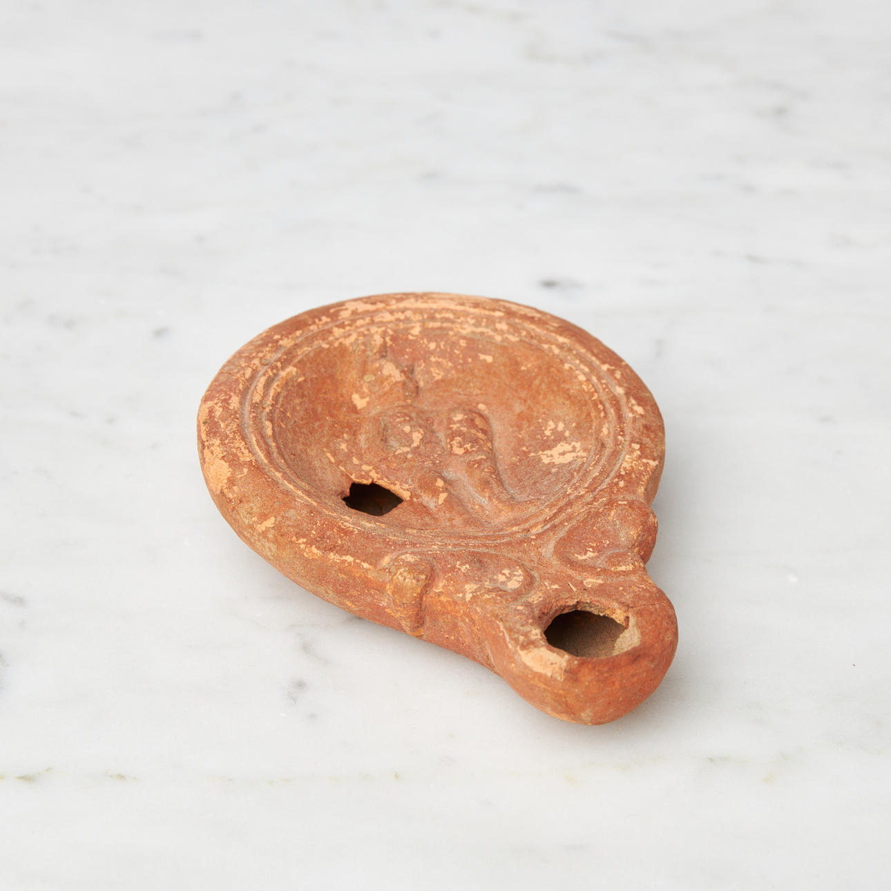 OIL LAMP, roman, ca 0-400 e Kr, decor with gladiator, earthenware.