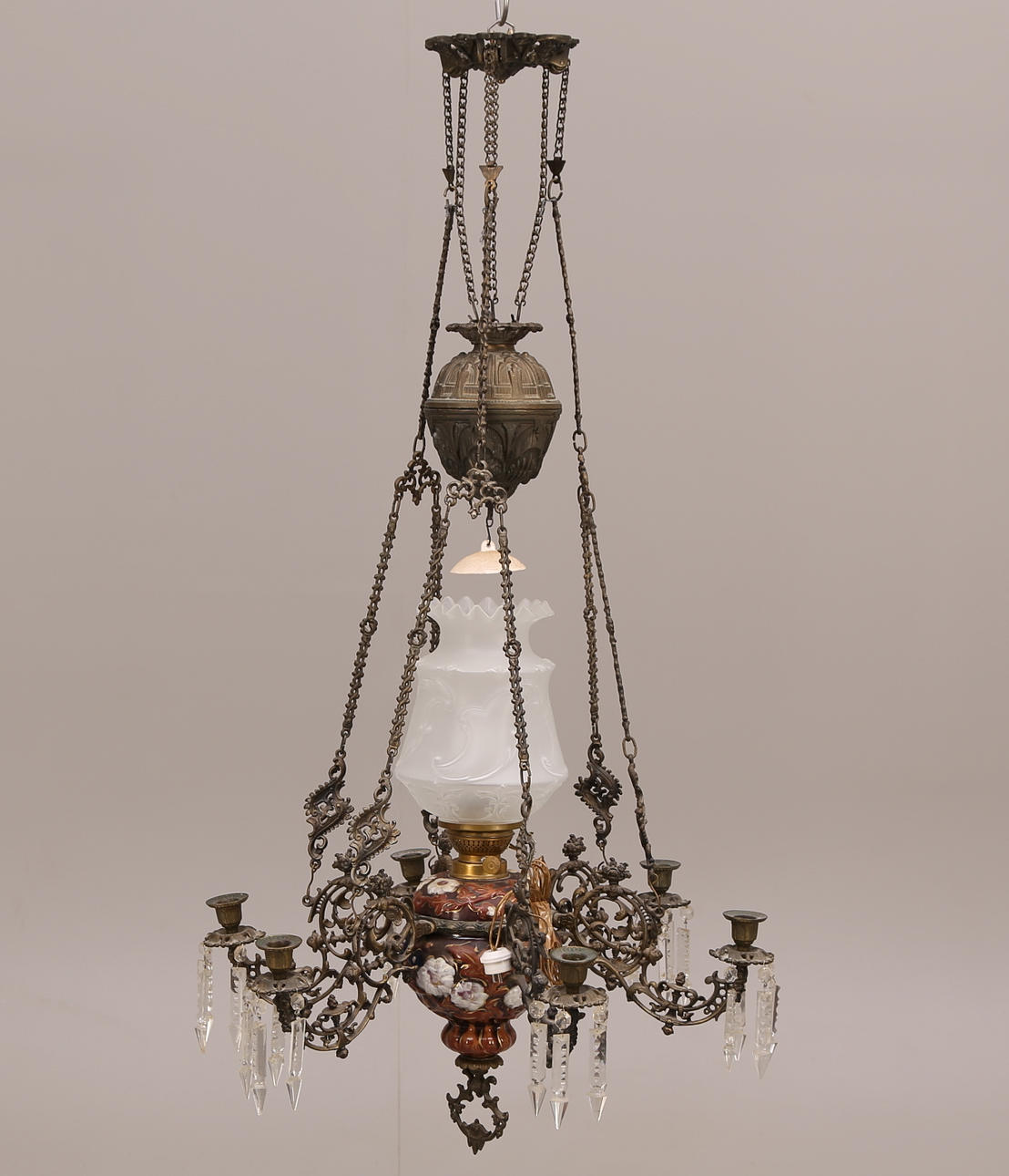 TAKARMATUR, majolika, 6-armad, komplett med prismor, 18-/1900-tal.