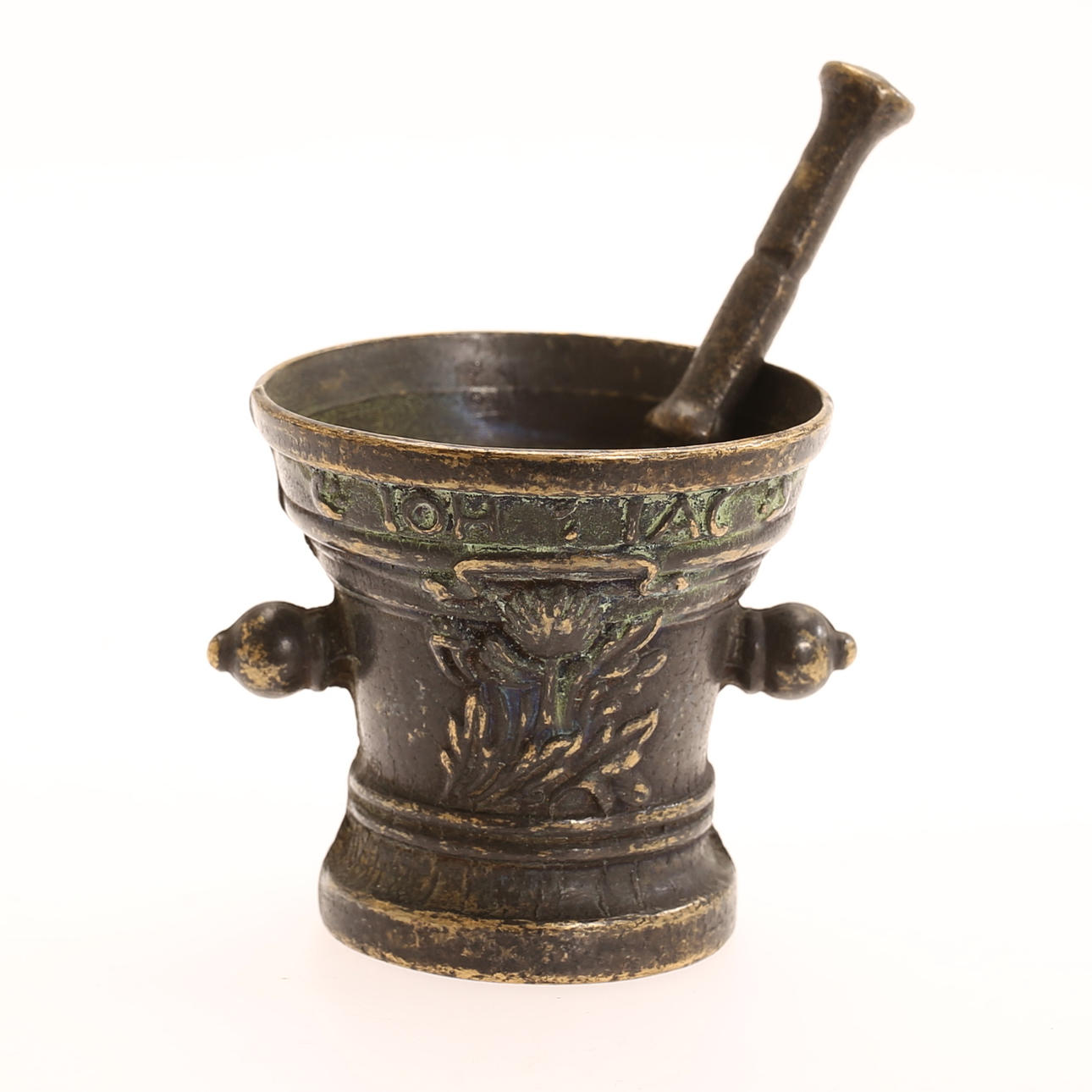 MORTEL med støder, miniature, bronze, dateret 1706.