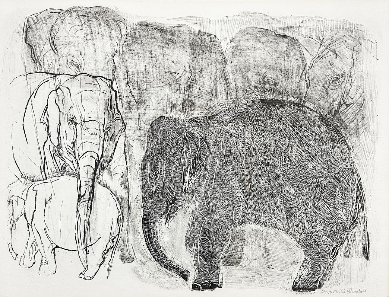 CECILIA FRISENDAHL. LITHOGRAPH, “Elephants”, signed, numbered.