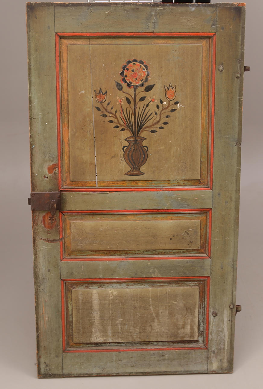 INNERDÖRR, massiv furu, allmoge, trespeglad, vänsterhängd, 1800-tal.