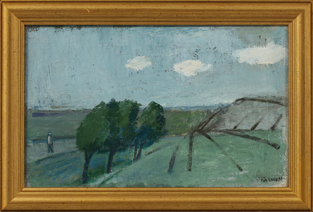PÄR LINDBLAD. Landskap med figur, olja på duk, signerad.