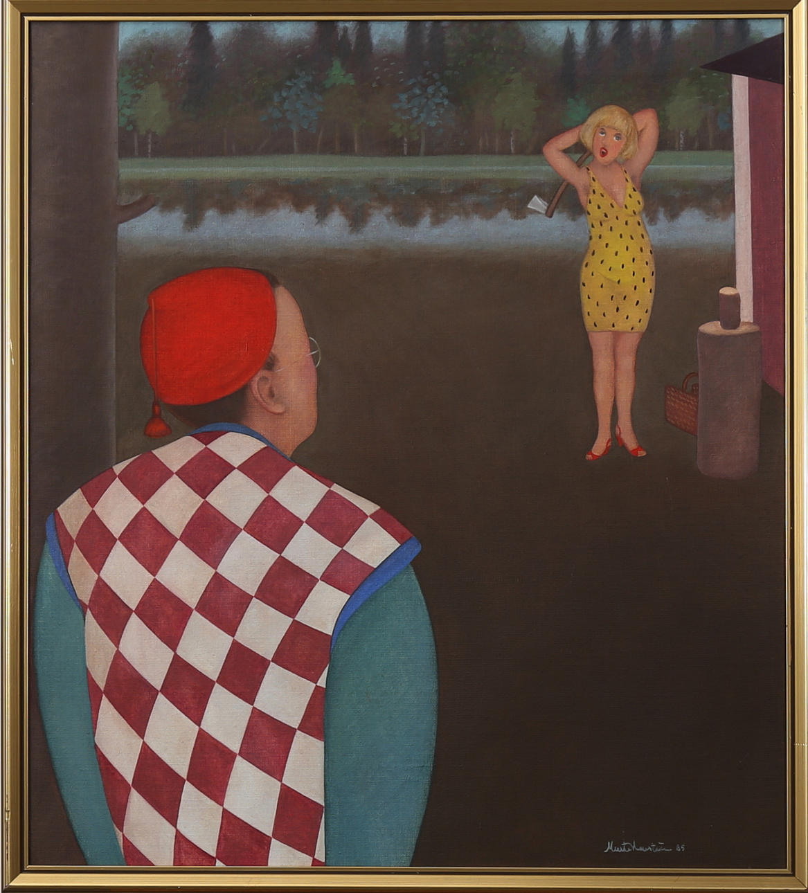 MERETE HERRSTRÖM. Kvinna hugger ved, olja på duk, signerad och daterad -85.