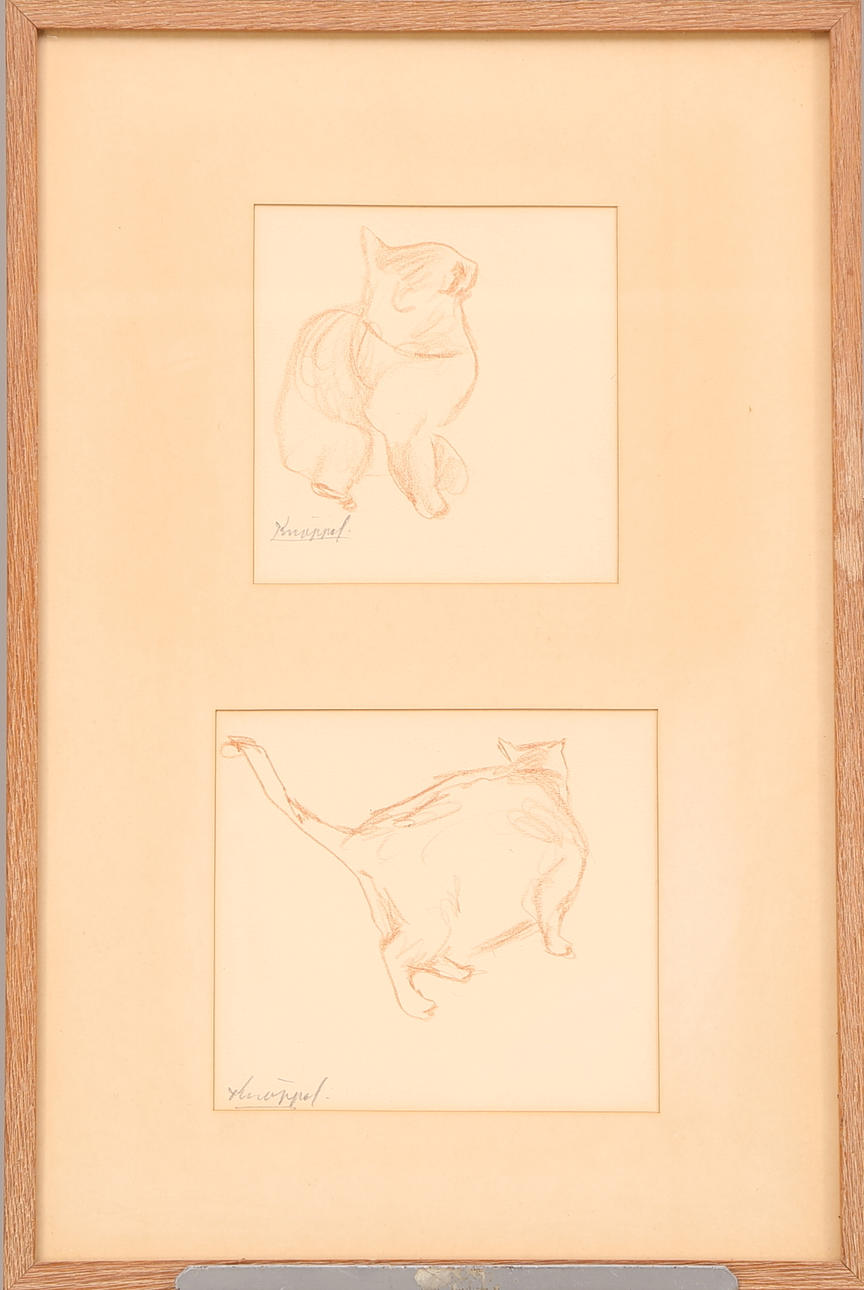 ARVID KNÖPPEL. "Kattstudier", brunkrita, signerad Knöppel.