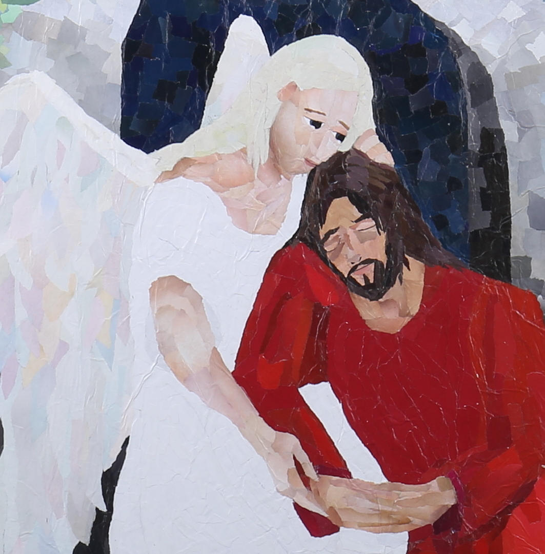 MA OFTEDAL. "Ängel tröstar Jesus i Getsemane", ikon, kollage.