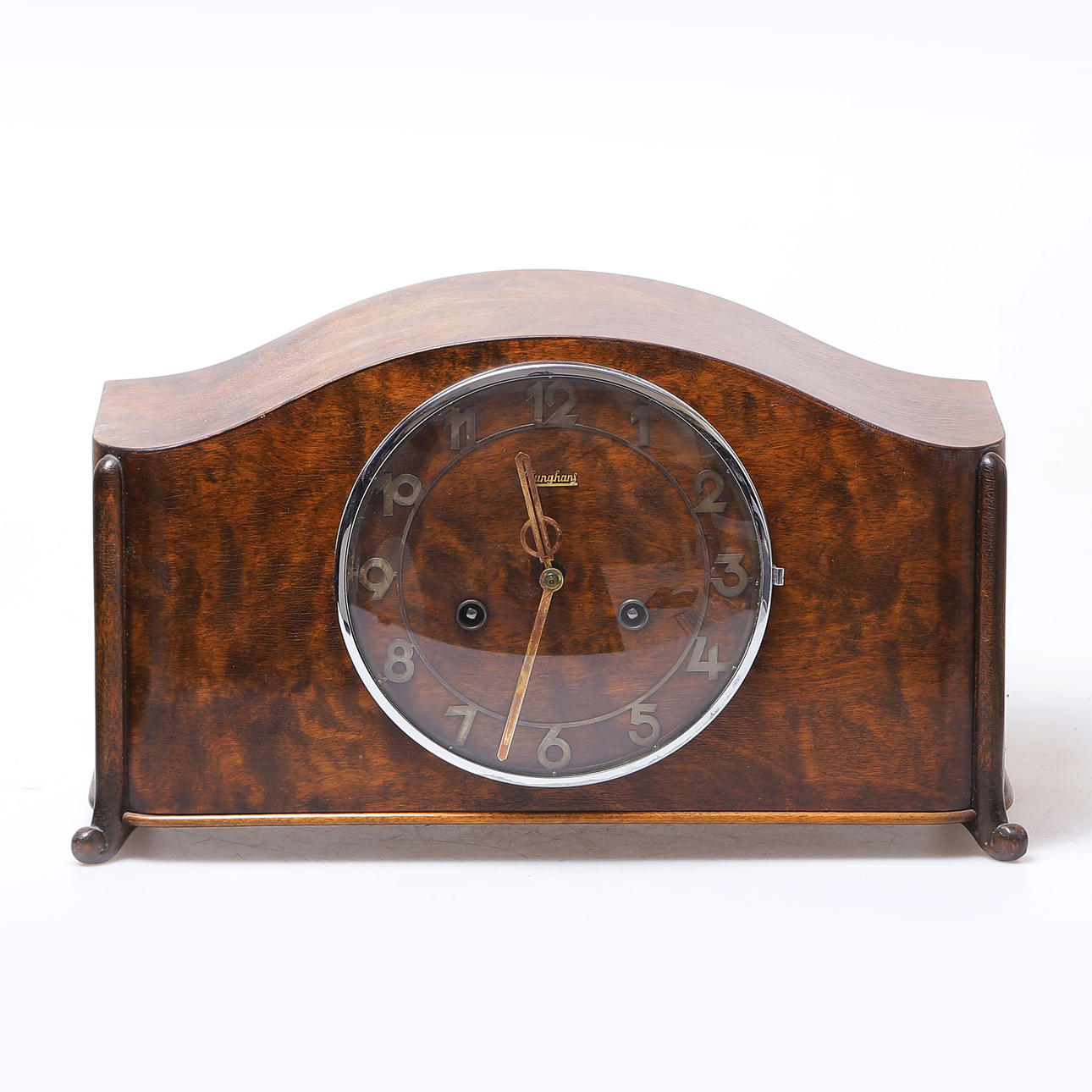 A FLAMED BIRCH TABLE CLOCK, ART DECO, JUNGHANS, 1920/1930'S.