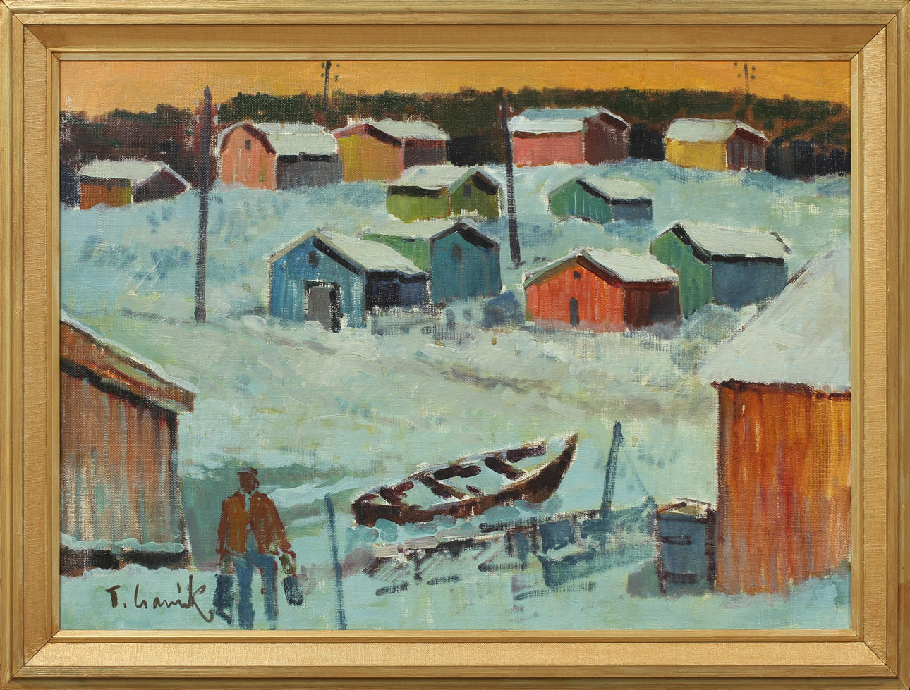 TAGE GAVIK. "Fiskeläge i vintervila", olja på duk, signerad.