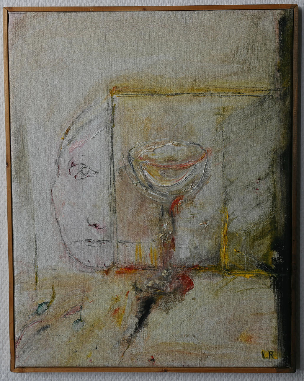 LILLEMOR RUDOLF HALL. Olja på duk, "Självporträtt och skål", signerad L R.