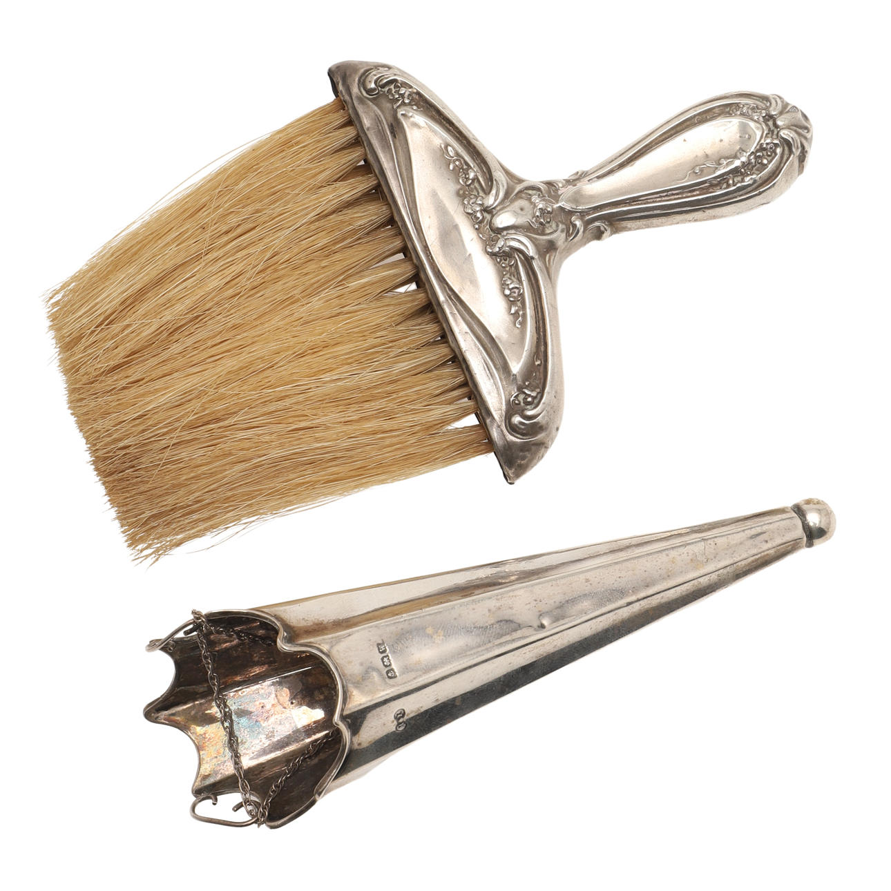 A SILVER POSY HOLDER & A SILVER CRUMB BRUSH.